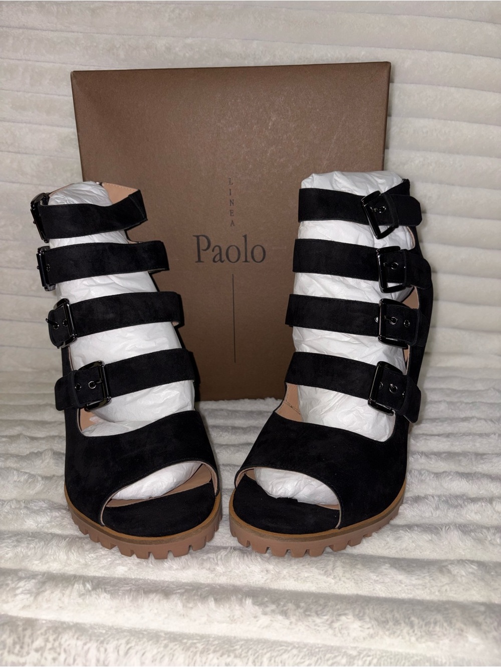 Linea Paolo Black Kid Suede Strappy Buckle Platform Heels 12M